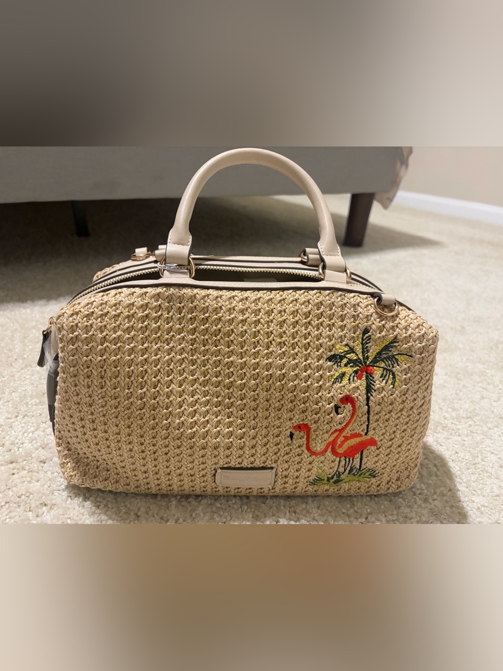 Woven Straw Tote with Flamingo Embroidery - Beige